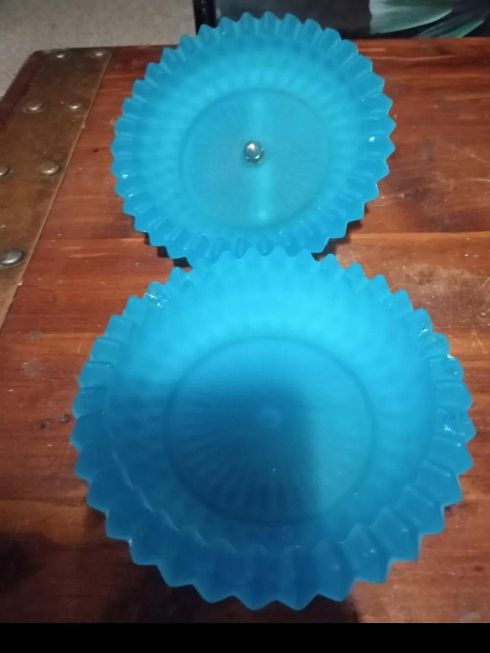 Blue Frosted Glass Candy Dish with Metal Handle